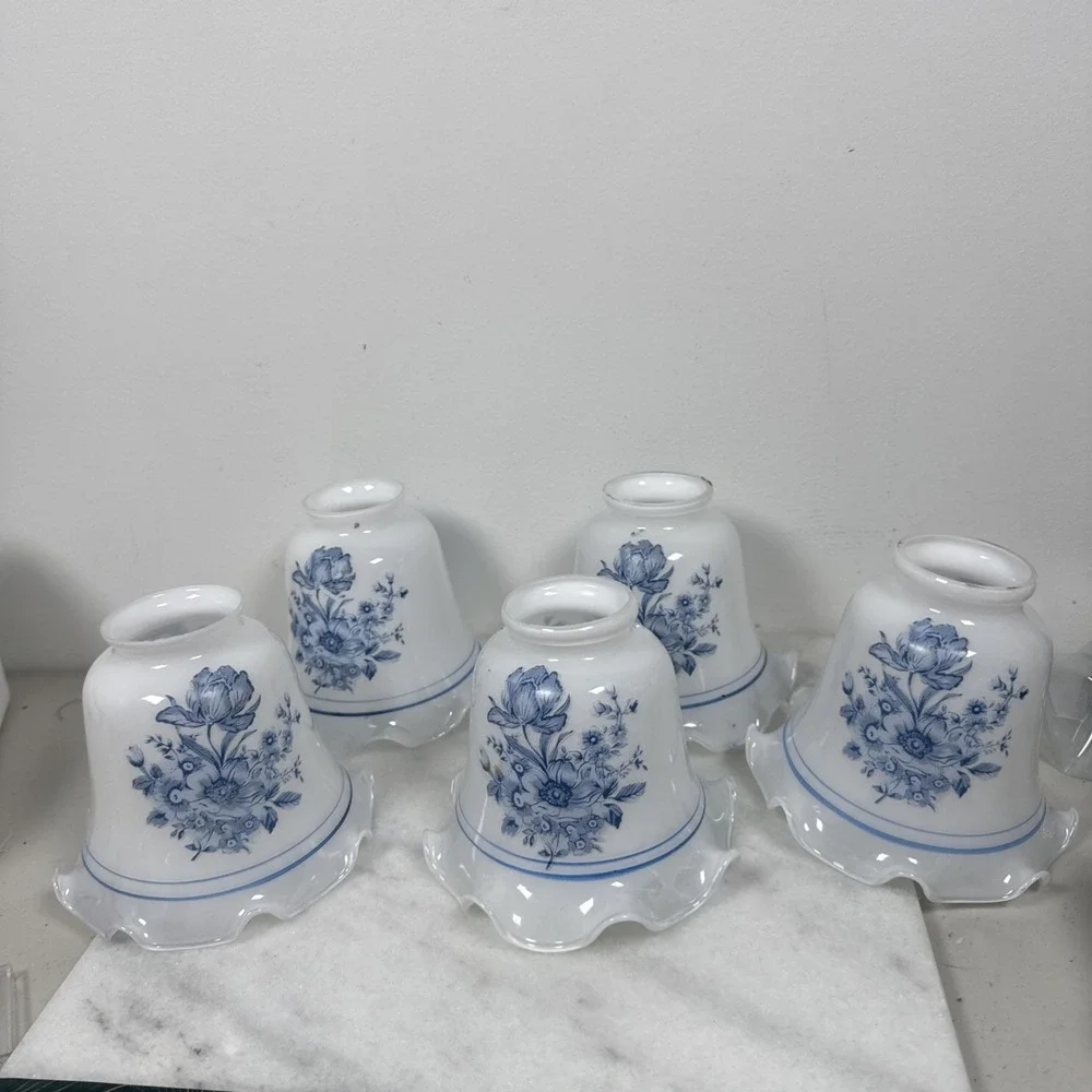 5Vintage Blue Floral Frosted Ruffled Glass Light Lamp Shade, 2